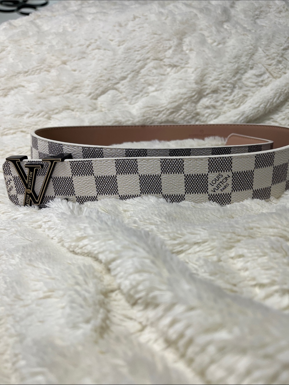 Louis Vuitton Damier Azur Leather Belt with Gold LV Buckle